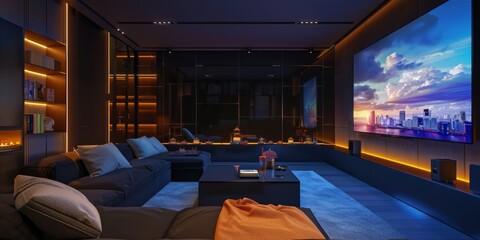 Elegant living room, darkroom , black walls with various colored LED lights beside the a large inch TV.  - obrazy, fototapety, plakaty