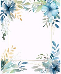 Fototapeta na wymiar Blue and green watercolor floral frame,watercolor,botanical,art nouveau