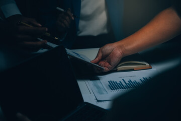 Business team meeting present, investor colleagues consultation and conference new strategy plan business and market growth on financial document graph report, Meeting and Talking.