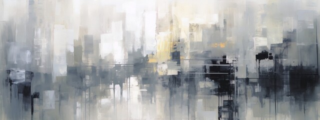 Large abstract painting with a cityscape theme in shades of grey, white and yellow, with a hint of black, using acrylics on canvas in an urban expressionist style.