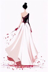 Black haired woman in red and white dress walking away ,fashion, watercolor, minimalism