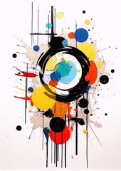 Colorful abstract painting with black ink splatters in a modern art style.