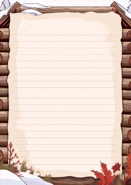 lined paper on wooden cabin wall with snow and fall leaves