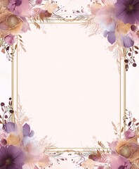 Frame of purple, lilac and pink flowers with golden elements on a beige background, digital art, art deco, interior, floral.
