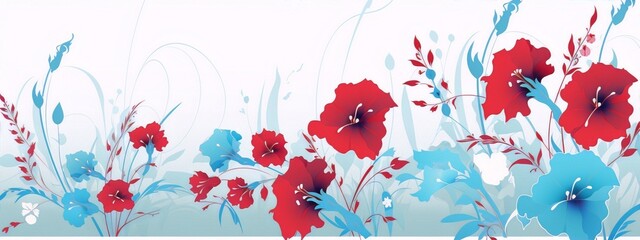 Delicate red and blue flowers with fine details on a white background, perfect for a spring or summer themed design.