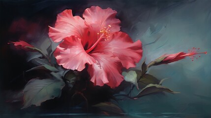 Oil painting of a pink hibiscus flower with a dark background.