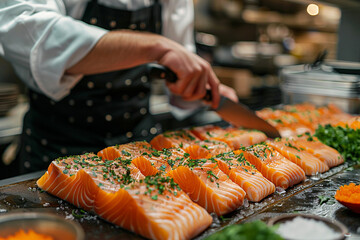 A chef expertly filleting fish in a bustling seafood restaurant kitchen, with fresh ingredients and sharp knives on display.