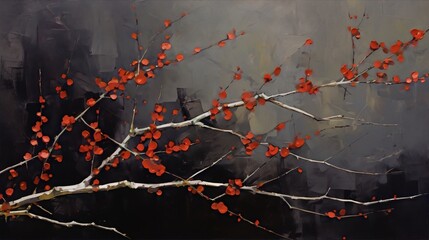Oil painting of a cherry blossom branch with red flowers against a dark background in the style of impressionism. - obrazy, fototapety, plakaty