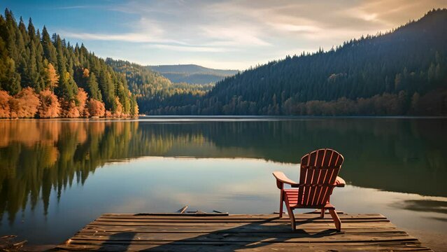 Wooden dock extending out into a calm lake with an Adirondack chair at the end overlooking a forest of pine trees and mountains in the distance