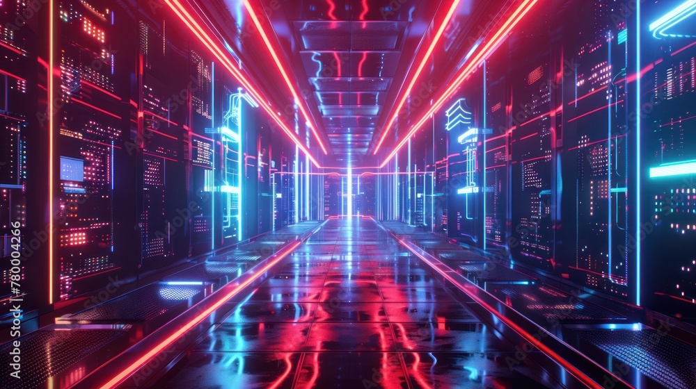 Poster data center full of computers ,high internet visualization.