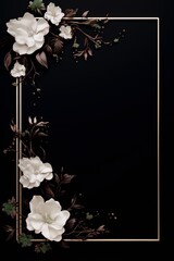 ornate golden frame with white and brown flowers on black background, 3D rendering, art deco, elegant, luxury