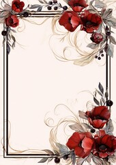 Frame of red poppies, leaves and berries with golden curls on beige background, botanical, art nouveau.