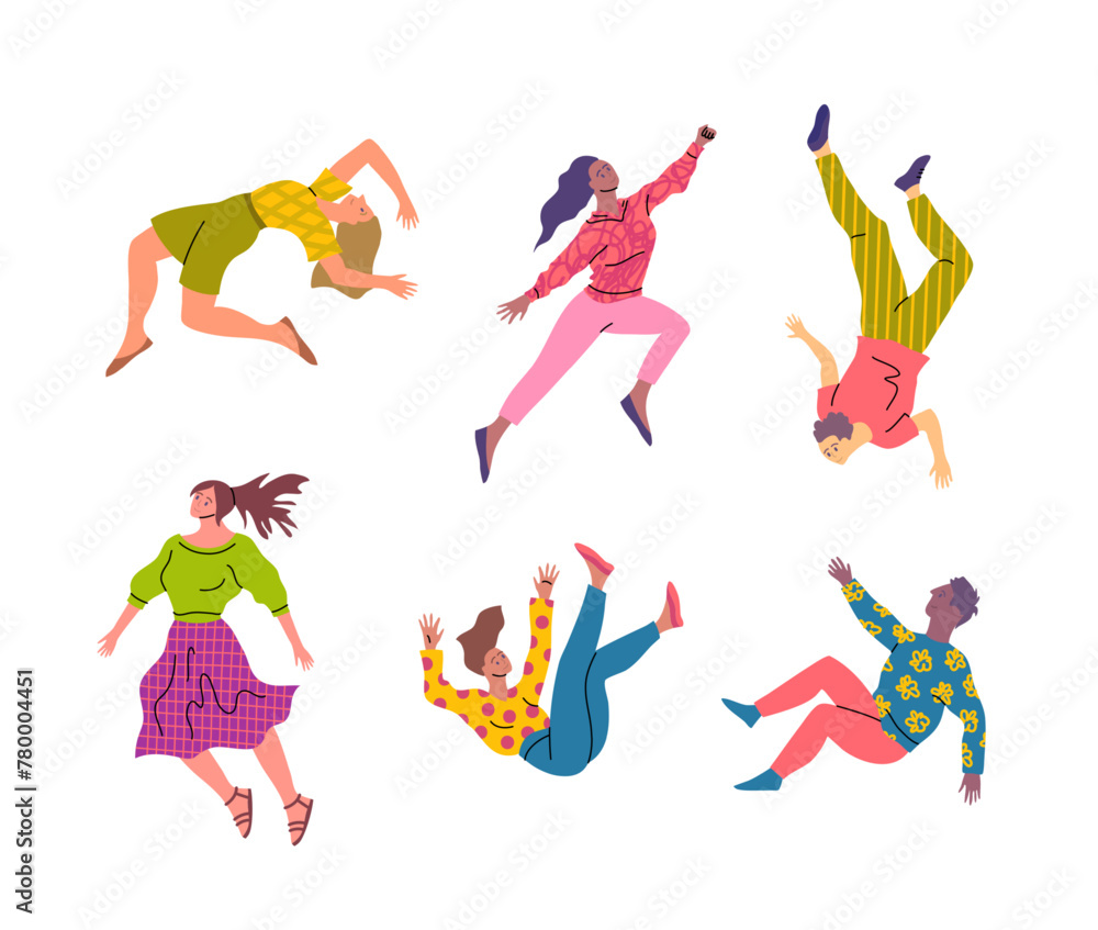 Sticker Cartoon Color Characters People Flying Male and Female Floating in Sky Concept Flat Design Style. Vector illustration of Motion Pose