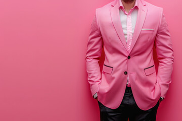 Cropped shot of man in pink business suit against pink backdrop, banner with copy space. Stylish businessman posing against bright wall