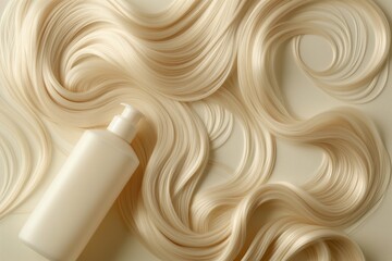 Mockup bottle of shampoo lies in a blonde strand of hair. Flay lay. Copy space for text. Concept beauty eco product design, skincare and haircare. - obrazy, fototapety, plakaty