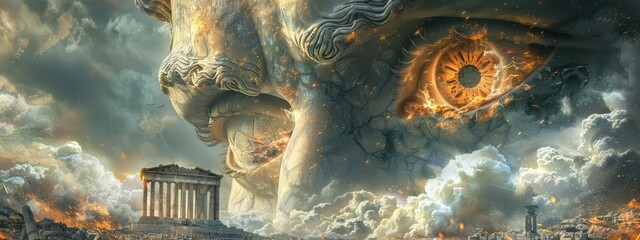 Design a piece of digital art featuring a single, powerful eye of Zeus amidst the ruins of his statue, with a storm raging in the reflection of the eye - obrazy, fototapety, plakaty