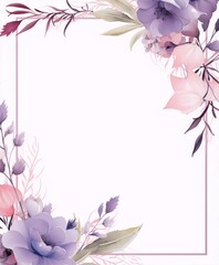 Frame of purple, lilac and pink flowers with watercolor and brush pen style on a white background