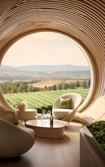 Wooden curved panoramic window room interior design with vineyard landscape view