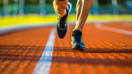 Fototapeta premium Closeup view of a man running on a running track