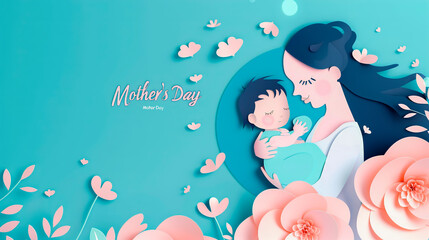 Banner for Mother's Day on a blue background mom and child 3D paper composition with copy space