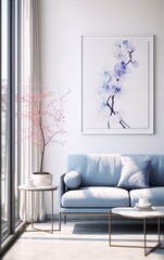 A minimalist living room with a blue sofa, a coffee table, a potted plant and a painting of purple orchids in a white frame on the wall.