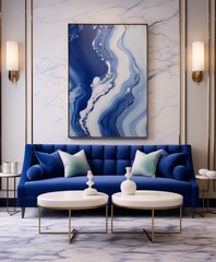 Blue and white abstract painting in a luxurious living room with blue velvet sofa, marble walls and golden details, interior design, art