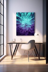 Teal and purple abstract painting in a modern home office with a white desk and chair.