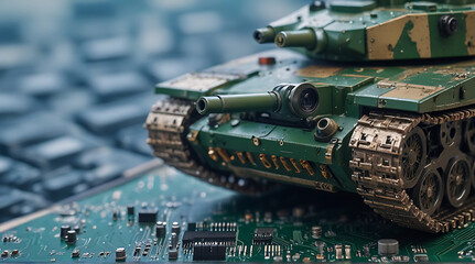 Closeup of a military tank on a powerful computer motherboard for AI taking control over war concept or race on manufacturing micro chips as wide banner design with copy space area, gold war - obrazy, fototapety, plakaty