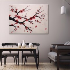 Delicate red and pink cherry blossom branch painting in sumi-e style on a white wall in a modern interior with wood table and gray sofa.