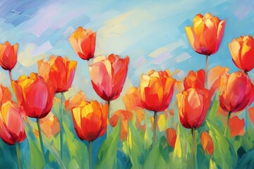 vibrant red orange tulips field under light blue sky,oil painting,floral,impressionism,thick oil strokes
