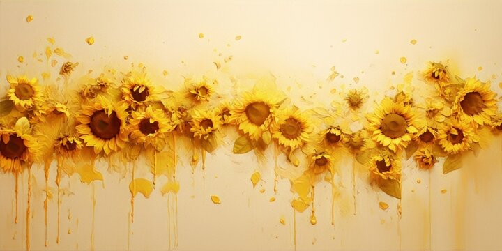 Yellow sunflowers with splattered yellow paint on a pale yellow background, still life, photography, interior design, sunflower art