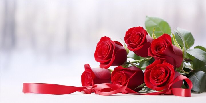 Red roses bouquet with a red ribbon on a white table against blurred background, still life photography