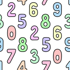 Multi-colored numbers from 0 to 9. Square repeating vector pattern. Seamless pattern of colored Arabic numeric symbols. Learning to count. Isolated colorless background. 