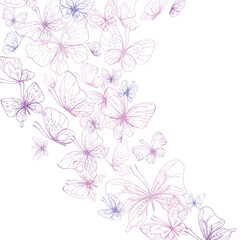 Butterflies are pink, blue, lilac, flying, delicate line art. Graphic illustration hand drawn in pink, lilac ink. Composition stream, template EPS vector.