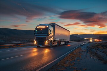 Take a photo at dusk of a semi-truck with advanced safety lighting speeding along a motorway, showcasing how technology improves visibility and safety in freight transport