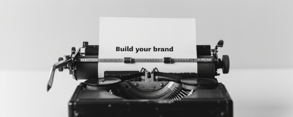 A black and white photo of the text Build your brand written on paper with an old typewriter