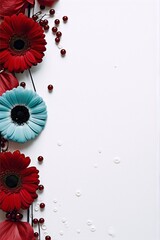 Red and blue gerbera flowers with white pearls and red berries on white background, still life photography, minimalist, interior design, art nouveau.
