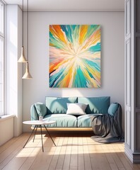 vibrant abstract painting in blue, green, yellow and orange hues, with a white sofa and coffee table in a modern living room interior, digital art