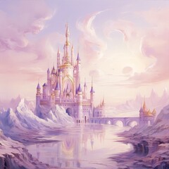 A magical castle with a beautiful winter landscape, pink clouds and snow, in a surrealism style with a touch of fantasy