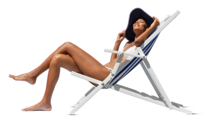 Happy woman at the beach on beach deck chair, sunbathing, wearing sun hat, isolated in the white background, concept a summer beach holiday, online shopping, booking travel, and resorts accommodations
