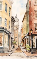Obraz premium Watercolor painting of a narrow street with colorful buildings in an urban setting with a church in the background