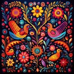 vibrant symmetrical mexican folk art painting of two birds facing each other with flowers and leaves
