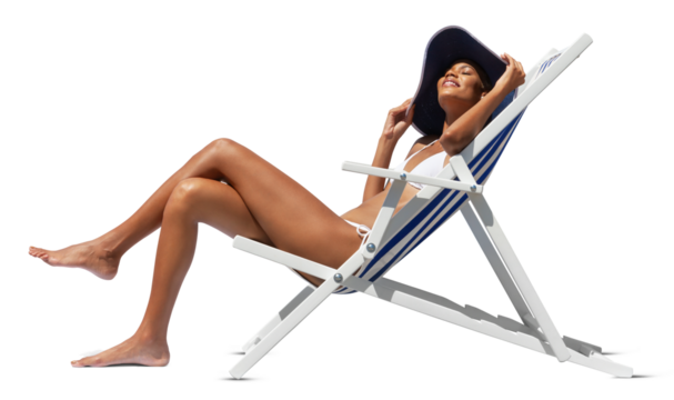 Happy woman at the beach on beach deck chair, sunbathing, wearing sun hat, isolated in the white background, concept a summer beach holiday, online shopping, booking travel, and resorts accommodations