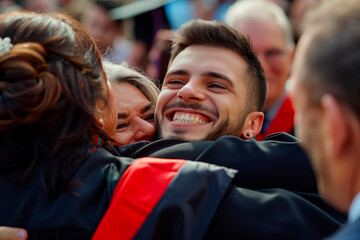 Celebration of graduation from university. Graduate in gown and hat hugs parents and friends