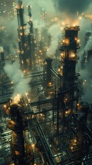An eerie night scene at an industrial complex, with ambient lighting casting deep shadows and highlighting the intricate pipelines and smoke stacks in sharp focus