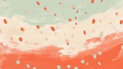 Abstract painting with peachy pink and sage green brush strokes and polka dots. - obrazy, fototapety, plakaty
