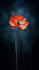 Red flower in dark blue backgroud, petals wet from rain, red particles floating around, digital art, dark art, flower, plant
