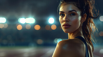 portrait of a sporty woman in a stadium at night with lights in the background
