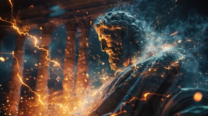 Capture a digital scene where the remnants of a shattered Zeus statue are illuminated by flashes of lightning, suggesting the god's presence and power are eternal and omnipresent - obrazy, fototapety, plakaty