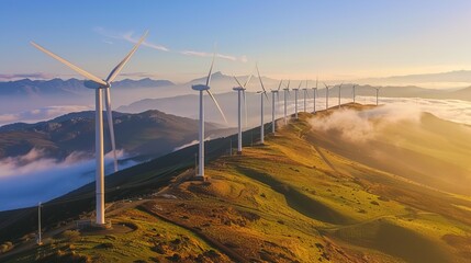  Renewable Energy Wind Turbines on Mountain Ridge at Sunrise